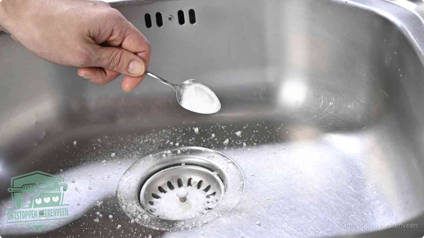 Een hand strooit met een lepel soda in de afvoer van een roestvrijstalen spoelbak, de soda en azijn huismiddel-methode om de afvoer te ontstoppen in Heerenveen
