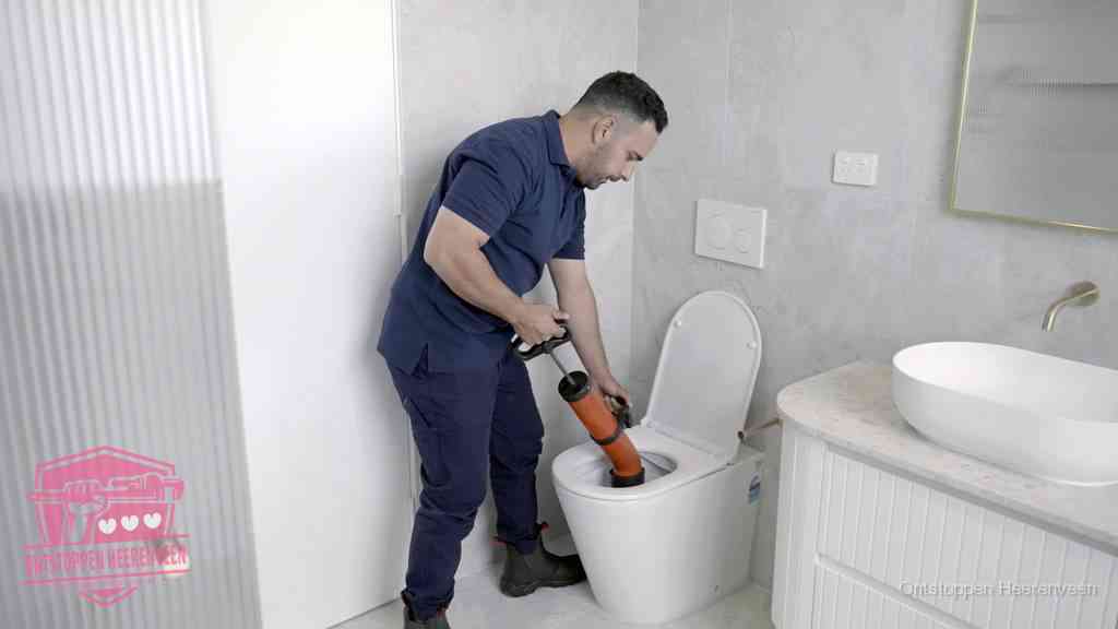 Een monteur buigt over een wandcloset en duwt met de hand een persluchtontstopper in de toiletpot om de verstopping handmatig los te maken in Heerenveen