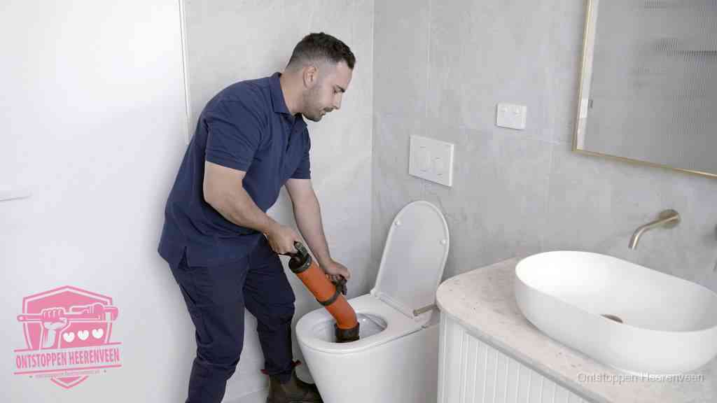 Een man gebruikt een handmatige luchtdruk-ontstopper in een modern betegeld toilet om zelf de wc te ontstoppen in Heerenveen